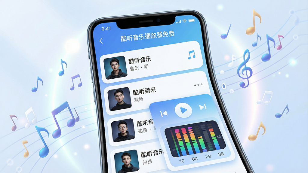 主体:一款名为“酷听音乐播放器免费”的安卓音乐应用界面,手机屏幕特写,界面上显示歌曲列表、播放控制按钮和均衡器调节面板;布局:手机居中,屏幕内容清晰可见,周围配以柔和的光影和漂浮的音符元素;排版:简洁现代,UI界面采用圆角卡片式设计,主色调为蓝色与白色渐变;风格:科技感与音乐律动感结合,画面明亮通透;细节:屏幕中显示“酷听音乐播放器免费”字样,歌曲名称清晰可见,均衡器有彩色频谱跳动;画质:8K超高清,渲染细腻,干净,无多余元素。