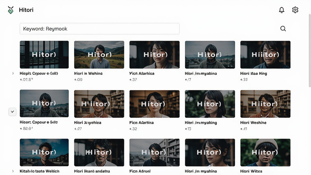 Hitori的搜索功能界面,输入关键词后展示搜索结果列表,封面图与标题并排,布局整齐,现代UI设计,干净无多余元素