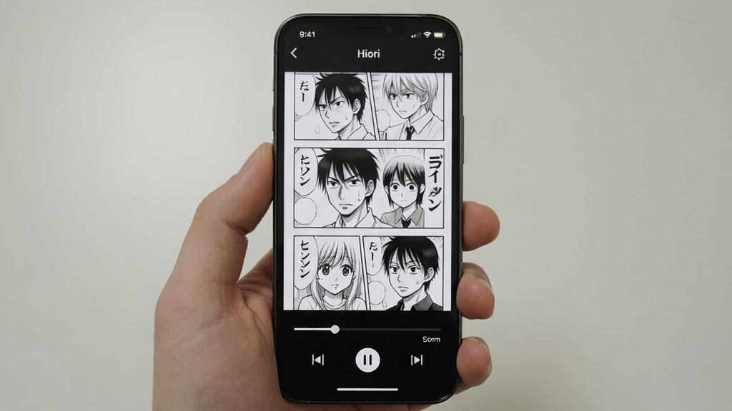 Hitori在手机上的阅读界面,显示漫画页面,底部有进度条和控制按钮,手机实拍效果,干净背景,高清画质