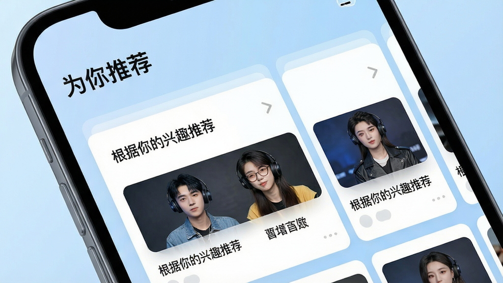 一张展示凹凸直播个性化推荐效果的手机截图,屏幕上方显示“为你推荐”栏目,下方展示一排直播卡片,卡片上带有“根据你的兴趣推荐”字样,背景是淡蓝色的渐变,配有简洁的白色卡片边框,整体设计清爽,风格科技感十足,画质干净,无多余元素。