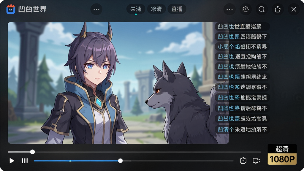 一幅展示凹凸直播高清播放界面的插图,画面主体是一个正在播放的凹凸世界动画场景,画质清晰细腻,弹幕从右侧缓缓飘过,播放器下方清晰显示“超清 1080P”字样,界面背景为深色磨砂质感,布局舒适,风格简约现代,画质干净,无多余元素。