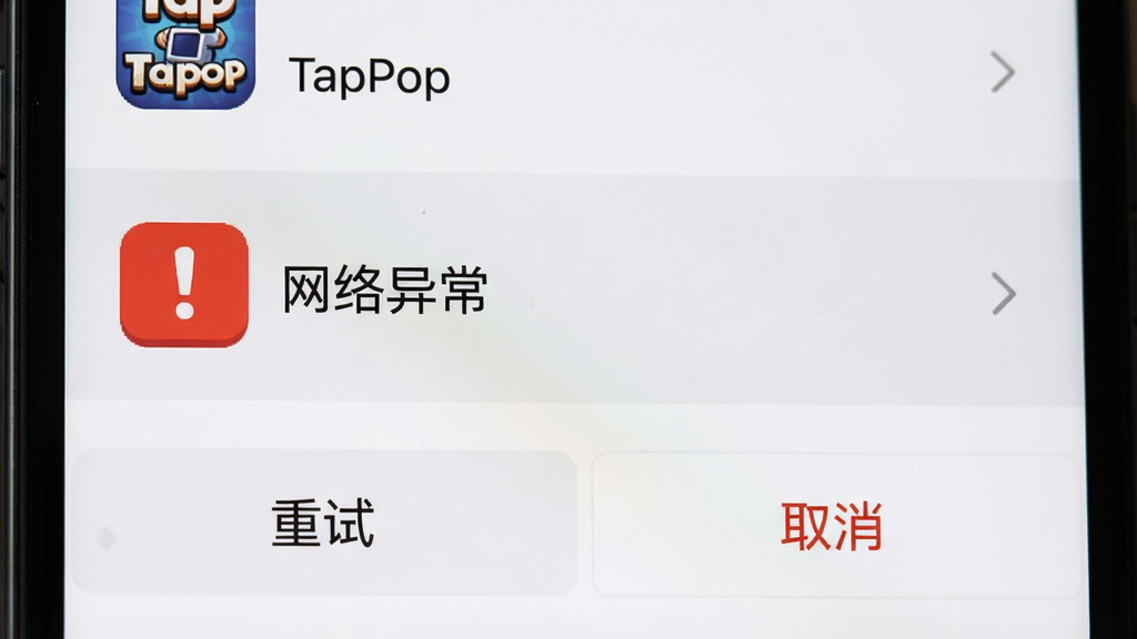 一幅手机截图风格的图片,屏幕中显示TapPop游戏盒的下载管理界面,其中有一个下载任务出现红色感叹号提示“网络异常”,界面下方有“重试”和“取消”按钮,整体风格简洁,布局清晰,细节真实,画质干净,无多余元素。
