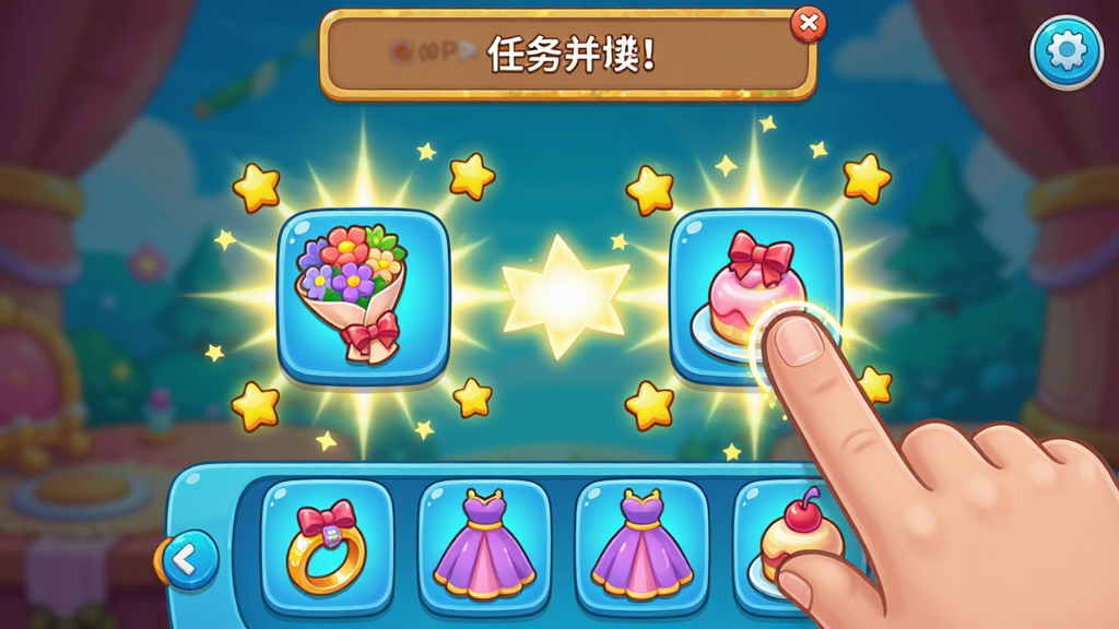 主体:游戏场景中,玩家手指正在拖拽两个相同的物品进行合并,产生闪光特效。布局:屏幕下方是合并物品栏,上方是任务提示栏,中央是合并动画。排版:UI布局清晰,手指位置醒目。风格:明亮轻快的卡通风格,物品图标精致。细节:物品包括花束、戒指、礼服、甜点等,闪光星星四溅。画质:1080P高清,干净无多余元素。