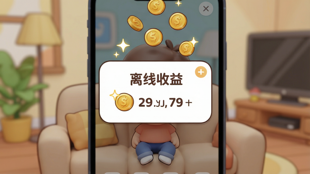 主体:手机截图界面,显示离线收益弹窗,主角坐在沙发上,头顶有金币飘落。布局:弹窗居中,背景虚化。排版:弹窗圆角设计,信息简洁。风格:可爱Q版卡通风格。细节:弹窗上有“离线收益”字样,金币图标闪闪发光。画质:清晰干净,无多余元素。