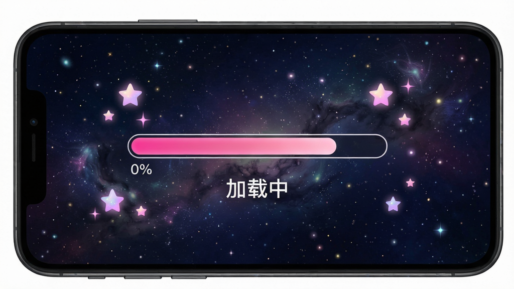 主体:手机屏幕显示游戏加载界面,中间有进度条,背景是星空。布局:进度条位于屏幕中央,下方有“加载中”字样。排版:简洁居中,周围有闪烁星星。风格:梦幻星空风格。细节:进度条从0%逐渐填满,颜色为粉色渐变。画质:高清干净,无多余元素。