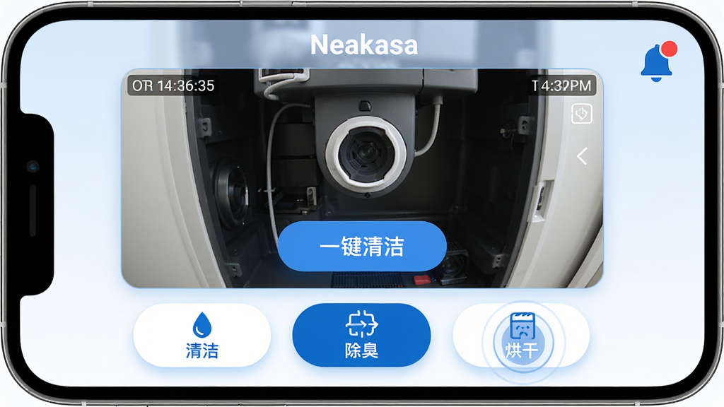 主体:“Neakasa”远程操控界面,手机屏幕显示设备实时摄像头画面与“一键清洁”按钮。布局:画面中央为设备内部视频流,底部为功能按钮(清洁、除臭、烘干),右上角为通知铃铛图标。排版:视频画面占主要面积,按钮采用大圆角设计,图标简明。风格:科技蓝与白色为主,界面通透。细节:视频流带有实时时间戳,按钮按下有波纹反馈,通知图标有未读红点。画质:高清流畅,光照明亮,画面干净。