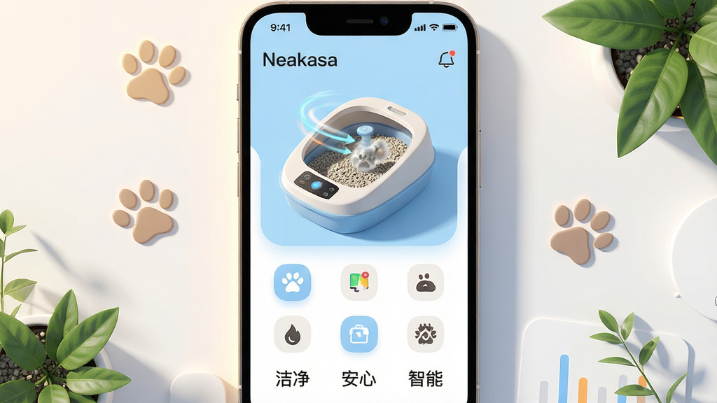 主体:一款名为“Neakasa”的智能手机应用界面,屏幕中央显示智能猫砂盆的3D模型与实时清洁状态图表。布局:手机位于画面中央,周围环绕简洁的宠物爪印与清新绿植元素,底部有“洁净”“安心”“智能”三个关键词。排版:界面风格为现代扁平化,信息层级清晰,上方为应用名称“Neakasa”与状态栏,下方为功能图标网格。风格:科技感与温馨感结合,浅蓝与白色为主色调,搭配柔和的暖色灯光。细节:屏幕中猫砂盆模型带有动态清洁动画,界面图标圆润,文字清晰可读。画质:超高清渲染,光影自然,整体干净无多余元素。