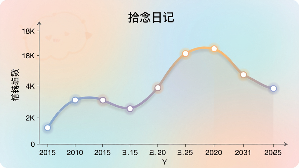 一张展示情绪曲线统计图的图片,主体是折线图,横轴为日期,纵轴为情绪指数,图中标注“拾念日记”字样,背景是柔和的渐变色,布局清晰,风格简洁,细节包括高亮的数据点和圆润的线条,画质干净,无多余元素