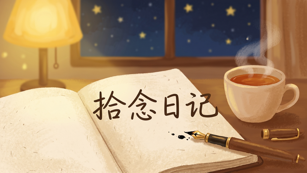 一幅温暖治愈风格的插画,主体是一本打开的日记本,旁边放着一杯热茶和一支笔,背景是柔和的暖黄色灯光和窗外的星空,画面中央有“拾念日记”四个字,采用手写体,整体布局简洁,排版舒适,风格温馨治愈,细节包括纸张纹理和笔尖的墨迹,画质高清,干净无多余元素