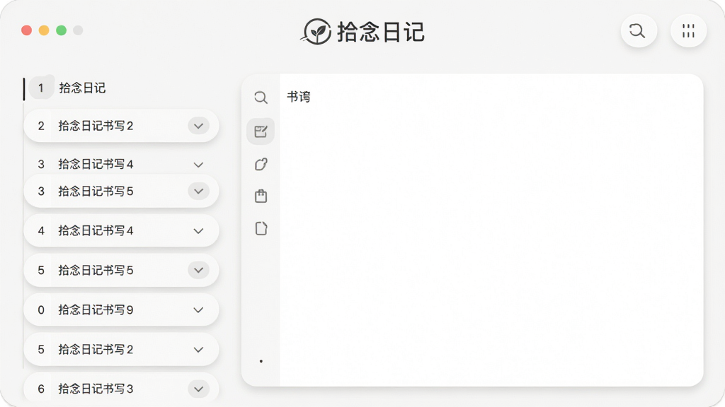 一张展示拾念日记书写界面的截图,主体是干净简洁的编辑页面,左侧为日记列表,右侧为书写区域,有“拾念日记”的logo在顶部,排版清晰,风格极简,细节包括柔和的阴影和圆角设计,画质干净,无多余元素