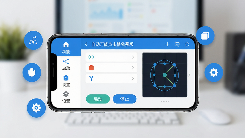 主体:自动万能点击器免费版主界面,一部智能手机屏幕显示点击坐标设置面板,周围有悬浮控制按钮。布局:手机居中,界面清晰,左侧有功能列表,右侧为点击轨迹预览。排版:简洁的APP界面设计,功能图标排列整齐,色彩以蓝白为主。风格:科技感,扁平化,现代。细节:屏幕上有“启动”“停止”“设置”等中文按钮,背景虚化。画质:高清,干净,无多余元素。