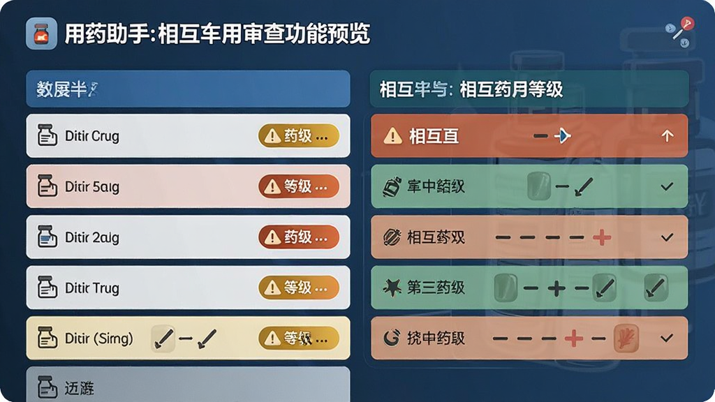 用药助手相互作用审查功能预览,展示多种药物列表和相互作用的警示等级标识,界面设计直观,用色区分明显,风格清晰专业,画质干净整洁