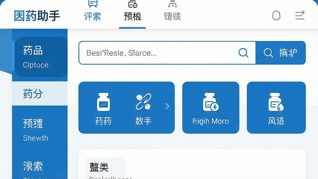 用药助手主界面预览图,展示清晰的药品搜索框、分类导航图标和专业的整体布局,界面采用蓝白配色,风格简洁现代,画质清晰干净,无多余元素
