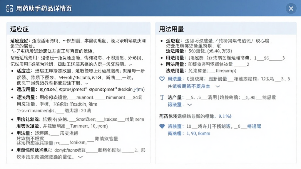 用药助手药品详情页功能截图,展示完整的说明书条目,包括适应症、用法用量等分栏,界面文字清晰,布局有条理,风格专业严谨,画质干净