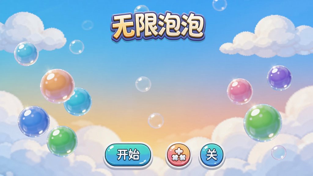 画面中央展示“无限泡泡”游戏主界面,背景是渐变天空与云朵,前景有彩色泡泡悬浮,界面下方有开始按钮和关卡选择图标,整体风格明亮清新,卡通渲染,高画质,干净整洁无多余元素
