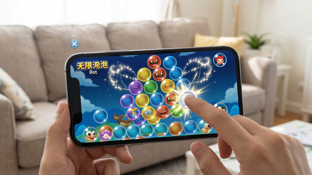 玩家使用手机玩“无限泡泡”游戏,手指点击屏幕消除泡泡,画面中有彩色泡泡和特效,背景为室内沙发,光线明亮,真实场景与游戏界面结合,画质清晰,干净无多余元素