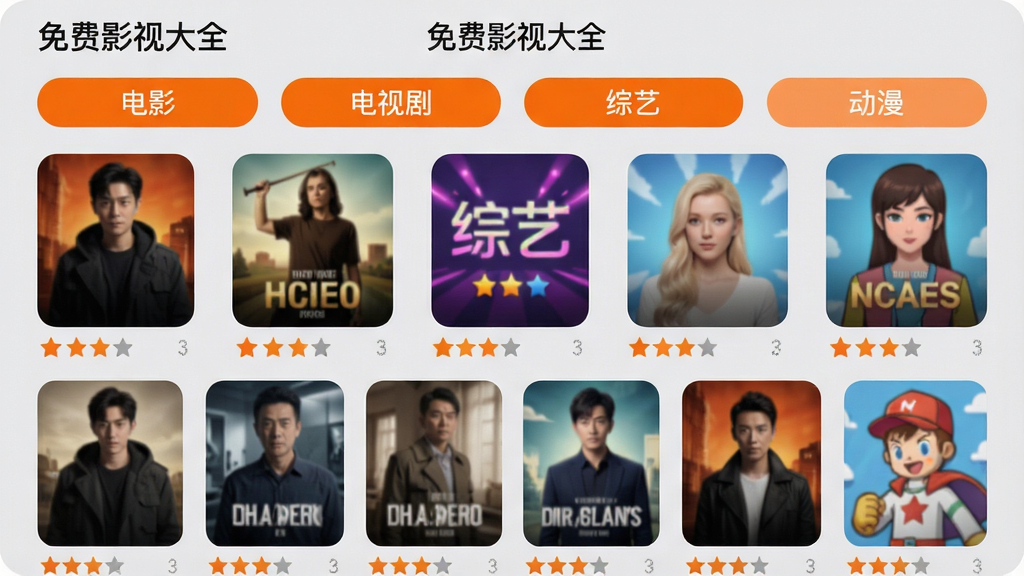 主体:打开“免费影视大全”APP的内容分类页面,显示“电影”、“电视剧”、“综艺”、“动漫”等标签。布局:页面顶部为分类标签栏,下方为瀑布流海报墙,每张海报下方标注评分。排版:标签栏横向排列,海报大小统一,间距均匀。风格:简洁现代,背景为浅灰色。细节:海报边缘有圆角,标签选中状态高亮为橙色。画质:高清细腻,干净无多余元素。