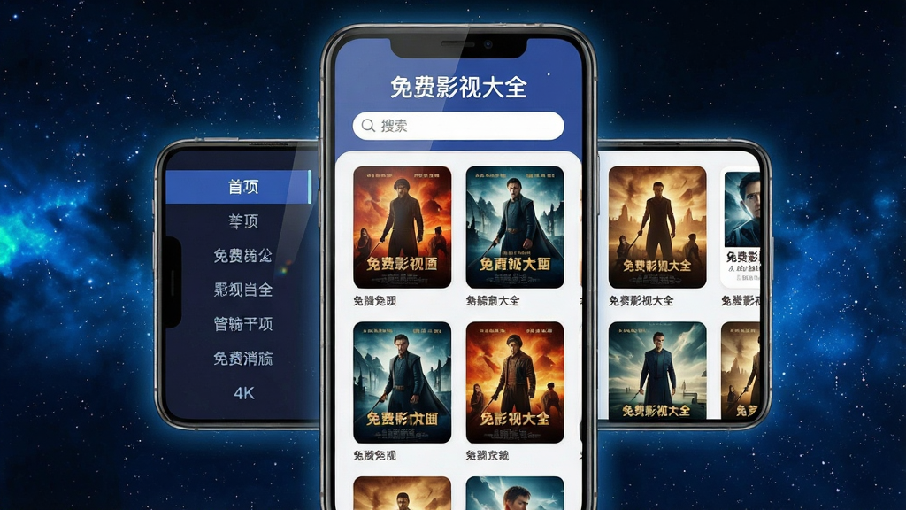 主体:一部智能手机屏幕显示“免费影视大全”APP界面,背景为深蓝色星空。布局:手机居中,界面中展示电影海报缩略图列表,顶部有搜索栏。排版:界面元素整齐排列,左侧为分类导航,右侧为内容卡片。风格:现代扁平化设计,色彩鲜艳明亮。细节:手机屏幕反射微光,周围有轻微光晕,突出高清画质。画质:4K超清,干净无多余元素。