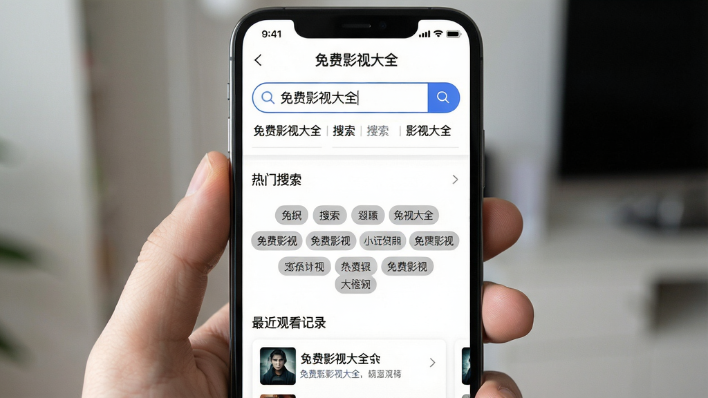 主体:手机屏幕展示“免费影视大全”的搜索页面,搜索框内输入“免费影视大全”,下方显示联想词列表。布局:搜索框位于顶部,下方为热门搜索标签云,底部为最近观看记录卡片。排版:元素垂直排列,间距适中。风格:白底简洁风,蓝色按钮点缀。细节:搜索框有圆角,联想词用灰色圆角标签展示。画质:高清晰度,干净无多余元素。