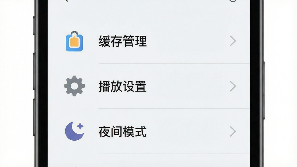 手机播放器设置界面,显示“缓存管理”“播放设置”“夜间模式”选项,界面简洁,浅色背景,图标清晰,风格扁平化,细节丰富,画质干净,无多余元素