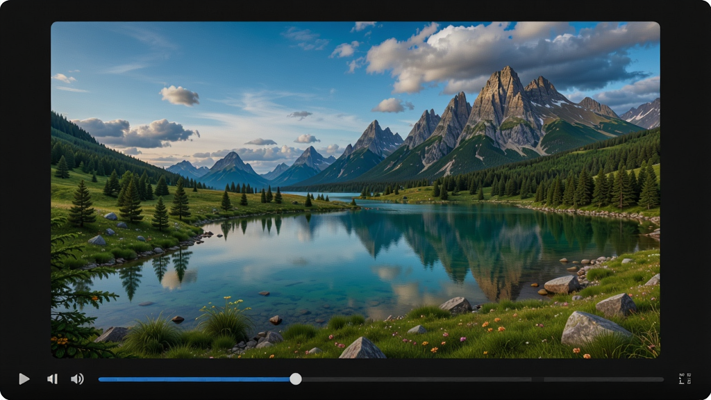 私看全免影片播放器播放画面,显示高清流畅的风景视频,画面色彩鲜艳,清晰度极高,播放进度条在底部,界面简洁,深色背景,风格写实,细节丰富,画质高清,干净无多余元素