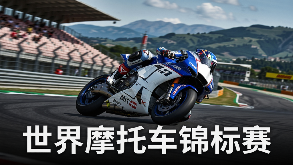 画面中央是一辆蓝白配色的MotoGP赛车倾斜压弯,背景为意大利穆杰罗赛道看台与群山,动态模糊效果凸显速度感,画面下方居中显示白色黑体大字