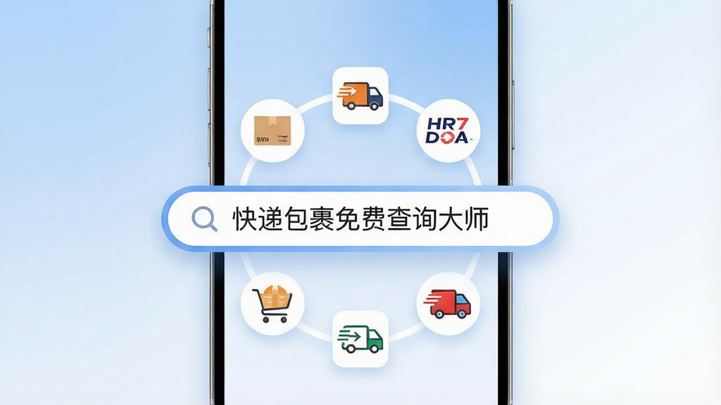 一张现代简约风格的手机应用界面预览图,屏幕中央显示多个快递公司的Logo图标排列成环形,中心位置有一个放大的搜索框,框内写着“快递包裹免费查询大师”字样,背景为柔和的蓝白渐变,整体布局清晰,画质干净,无多余元素,突出软件的一站式查询功能。