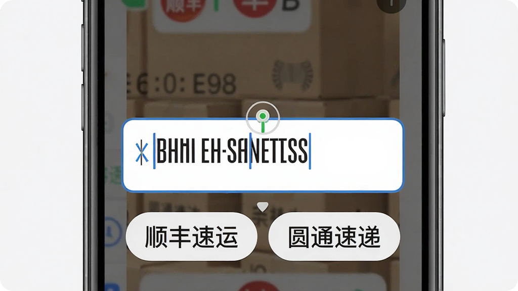 一张特写手机屏幕的图片,屏幕上显示一个输入框,正在自动识别快递单号,输入框下方弹出“顺丰速运”和“圆通速递”两个候选标签,界面简洁,文字清晰,风格为扁平化设计,突出智能识别功能,画质干净。