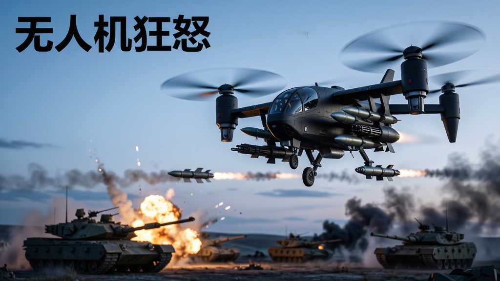 主体:一架造型科幻的黑色武装无人机在黄昏战场上空飞行,机身挂载导弹与机枪,地面有爆炸火光。布局:无人机居中偏右,地面战场占下方三分之一,天空留白。排版:画面整体呈横幅构图,无人机与地面爆炸形成对角线视觉引导。风格:写实军事风格,光影对比强烈,色彩偏冷色调但爆炸有暖色点缀。细节:无人机螺旋桨有运动模糊,导弹发射轨迹清晰,地面有坦克残骸与烟雾。画质:8K超高清,细腻纹理,干净无多余元素,画面中可加入文字“无人机狂怒”作为标题。