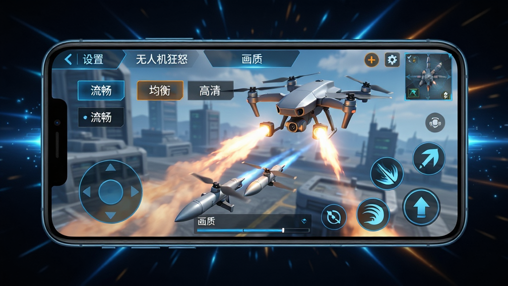 主体:一部智能手机横屏显示游戏画面,画面中无人机正在发射导弹,屏幕上有“设置”菜单和“画质”选项。布局:手机屏幕占画面中央,周围有深色背景和光效。排版:手机屏幕清晰展示游戏界面,左侧为虚拟摇杆,右侧为技能按钮。风格:科技感UI设计,蓝色与橙色搭配,整体色调偏冷。细节:屏幕中显示“流畅”“均衡”“高清”三个画质选项,游戏画面清晰。画质:高清渲染,画面干净,无多余元素,可标注“无人机狂怒”字样。