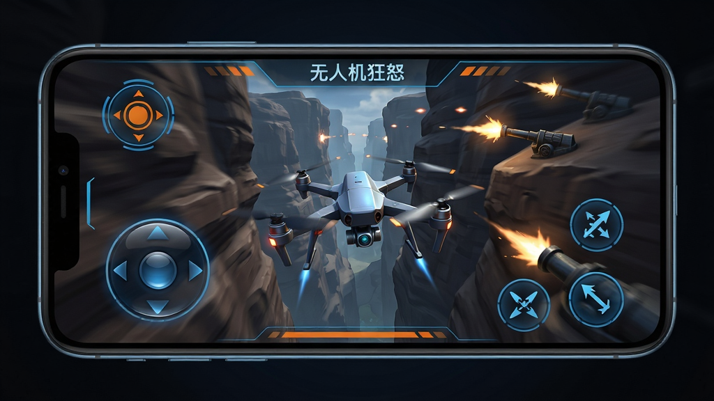 主体:手机横屏游戏画面,画面中一架无人机正在穿越峡谷,屏幕上有虚拟摇杆和射击按钮。布局:手机屏幕占据画面主体,游戏画面细节清晰可见,周围是深色背景。排版:手机居中,游戏UI界面分布屏幕两侧,中间是无人机视角。风格:科技感UI设计,蓝色与橙色点缀,整体色调偏暗。细节:摇杆有光泽质感,按钮有图标标识,无人机在峡谷中躲避防空炮火。画质:高清渲染,画面干净,无多余元素,图片可标注“无人机狂怒”字样。