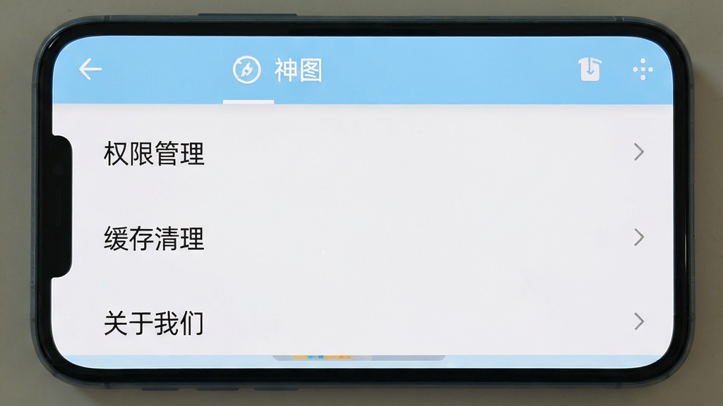 一张手机截图,显示神图应用的设置界面,有“权限管理”、“缓存清理”、“关于我们”等选项,背景为浅蓝色,布局清晰,风格简洁,画质干净。