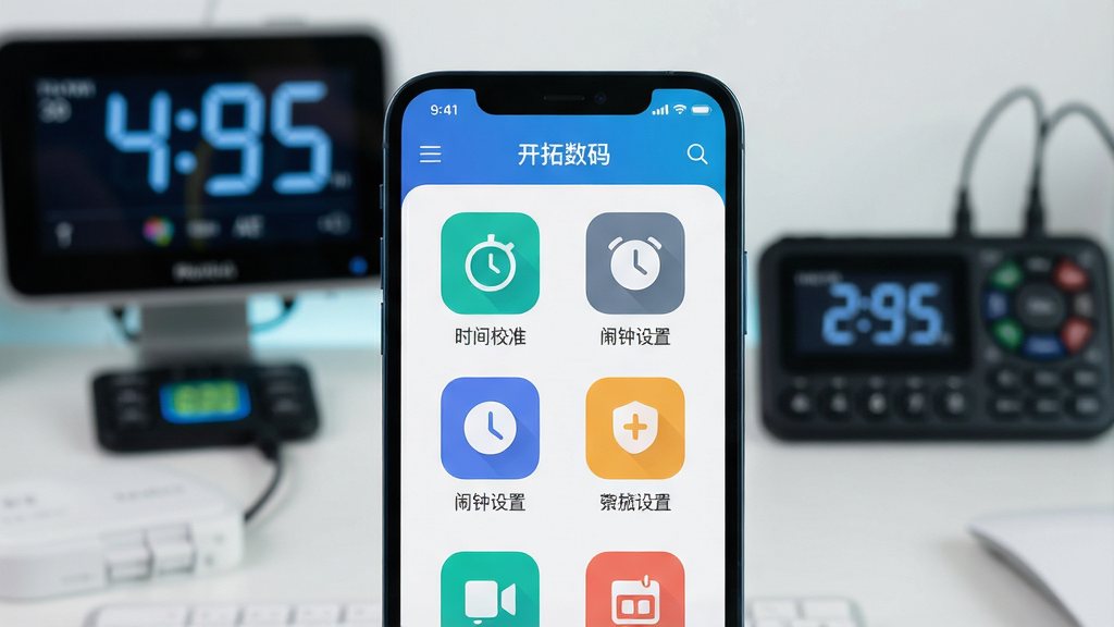 ���壺һ�������ֻ���Ļ��ʾ���������롱APP�����棬�����ڰ�����ʱ��У׼�������������á��������Ĺ���ͼ�ꡣ���֣��ֻ�λ�ڻ������룬������ģ��������������Ϣ���豸���Ű棺�ֻ�����UIԪ���������룬ͼ�������ֱ�ǩһһ��Ӧ������ִ���Լ�ĿƼ����ɫ�����졣ϸ�ڣ��ֻ���Ļ���������ɱ棬�뱳���豸�γɹ��������ʣ�������Ⱦ���ɾ����޶���Ԫ�ء�