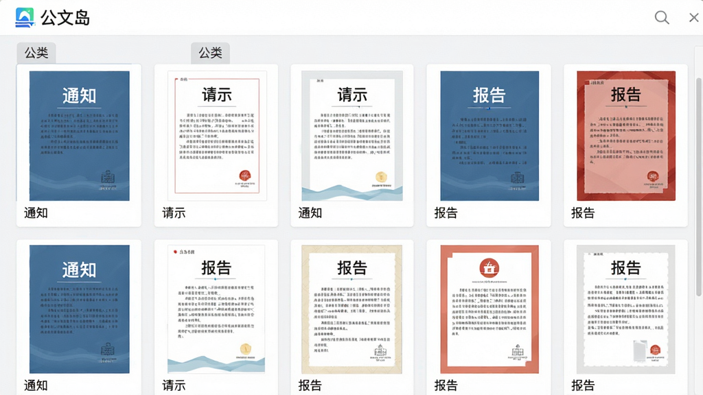 主体:公文岛模板库界面,展示多种公文模板缩略图。布局:网格状排列,每个模板显示名称和缩略样式。排版:整齐有序,分类标签清晰。风格:简洁实用,浅色背景。细节:模板封面标注