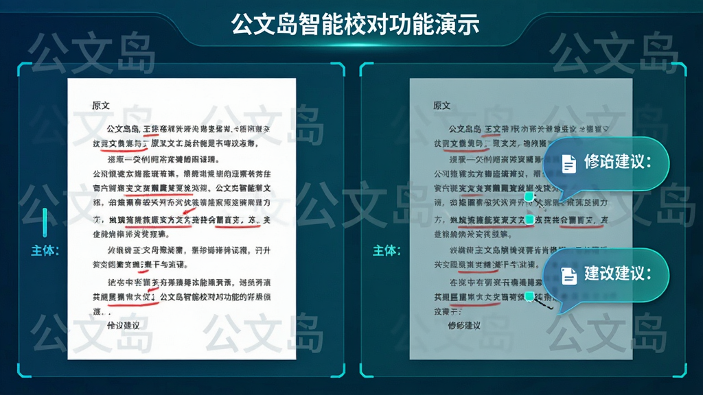主体:公文岛智能校对功能演示,显示文档中错误被标记并给出建议。布局:左侧为原文,右侧为修改建议。排版:对比清晰,标注醒目。风格:科技感,蓝绿色调。细节:错误文字下划线标红,建议内容以气泡形式展示,背景有