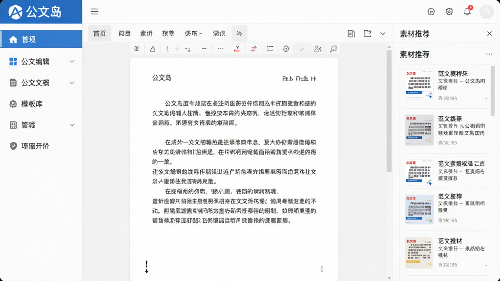 主体:公文岛软件界面,展示公文编辑页面与模板库。布局:左侧为导航栏,中间为编辑区,右侧为素材推荐栏。排版:简洁清晰,功能分区明确。风格:商务办公风,配色以蓝白为主。细节:界面显示