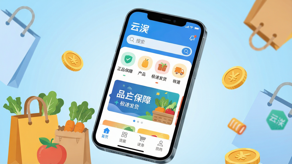 主体:手机屏幕展示云APP主界面,上方显示“云”Logo与搜索栏,中部为商品分类图标和轮播 Banner,下方为功能导航栏;布局:居中构图,手机略微倾斜,背景为浅蓝色渐变,周围点缀购物袋、农产品、金币等元素;排版:界面元素排列整齐,文字清晰可读;风格:现代扁平化风格,色彩明亮清新;细节:屏幕内显示“正品保障”“极速发货”字样,整体氛围积极向上;画质:4K高清,干净,无多余元素