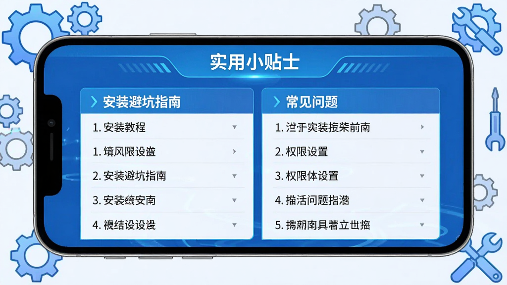 主体:手机横屏展示云APP的“实用小贴士”页面,屏幕上有安装教程和常见问题列表;布局:手机居中,背景有齿轮和工具图标装饰;排版:列表形式,步骤清晰;风格:科技感蓝色调;细节:文字“安装避坑指南”“权限设置”清晰可见;画质:高清,干净,无多余元素