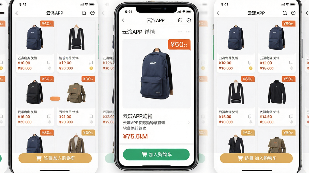主体:云APP购物页面展示,商品卡片整齐排列,包含图片、价格、销量信息;布局:多屏拼接展示,左右滑动效果,中央高亮一个商品详情页;排版:网格布局,信息层级分明;风格:电商平台风格,明亮通透;细节:商品图片清晰,价格标签醒目,底部有“加入购物车”按钮;画质:高清渲染,干净,无多余元素