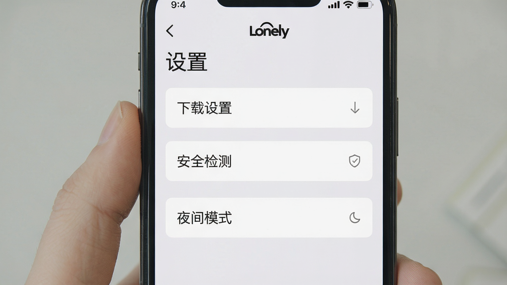 一张手机截图,显示Lonely市场的“设置”页面,包含“下载设置”、“安全检测”、“夜间模式”等选项,背景为浅灰色,设置项为白色卡片,整体简洁明亮,画质干净,无多余元素。