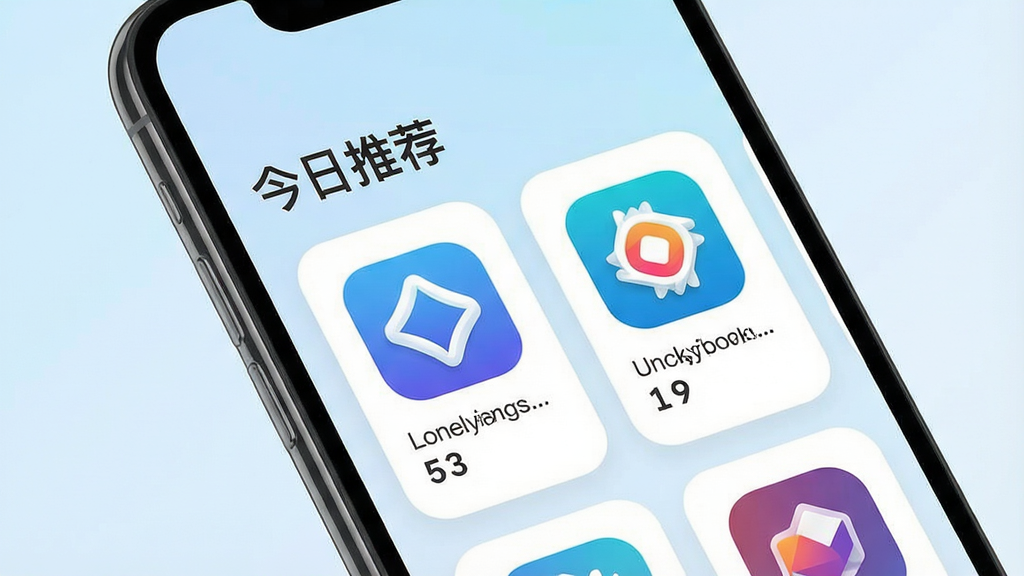 一张智能手机屏幕截图,展示Lonely市场应用商店的首页推荐区域,上方有“今日推荐”标题,下方是几个应用图标和简短介绍文字,背景为淡蓝色渐变,卡片圆角设计,界面简洁现代,画质干净,无多余元素。