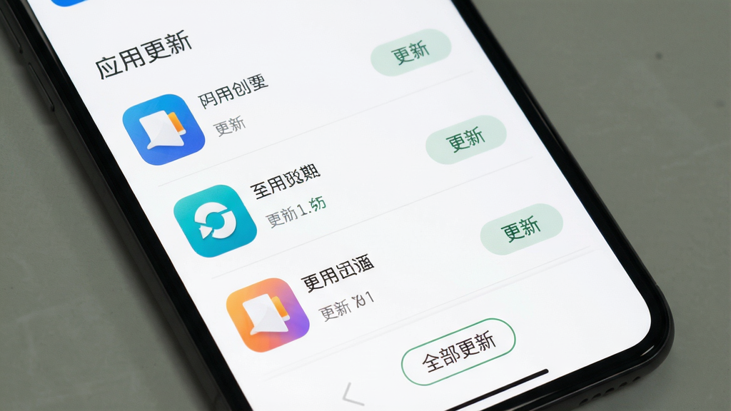 手机应用商店的“应用更新”页面,列表显示多个应用名称和“更新”按钮,页面底部有“全部更新”按钮,背景为白色,线条简洁,图标为彩色,整体风格清爽,画质干净,无多余元素。