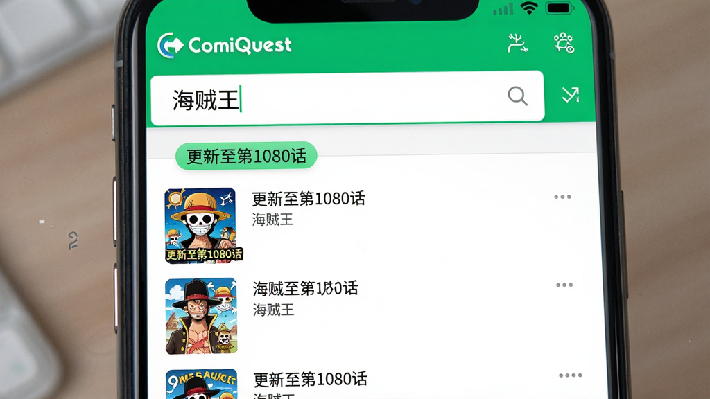 主体:ComiQuest搜索界面,输入框内有关键词“海贼王”,下方显示搜索结果列表。布局:手机竖屏,搜索框位于顶部,结果列表带封面缩略图和标题。排版:列表清晰,标签高亮“更新至第1080话”。风格:简洁明亮,绿色高亮点缀,画质干净,无多余元素。
