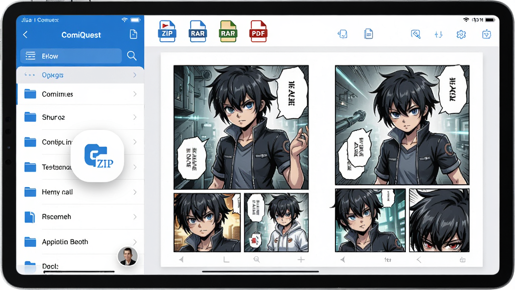主体:ComiQuest应用内打开一个ZIP漫画文件,屏幕显示漫画页面缩放细节。布局:平板电脑横屏展示,左侧为文件列表,右侧为漫画双页预览,顶部有格式图标(ZIP、RAR、PDF)。排版:界面简洁,工具栏图标清晰。风格:科技感蓝白配色,细节丰富,画质干净,无多余元素。