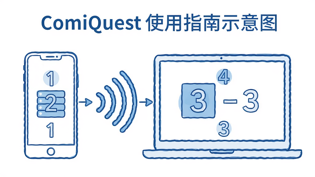 主体:ComiQuest使用指南示意图,手机与电脑并排,显示传输数据。布局:左侧手机,右侧电脑,中间有无线信号连接图标。排版:步骤数字标注1-2-3,简洁明了。风格:蓝色线条画风,背景白色,画质干净,无多余元素。