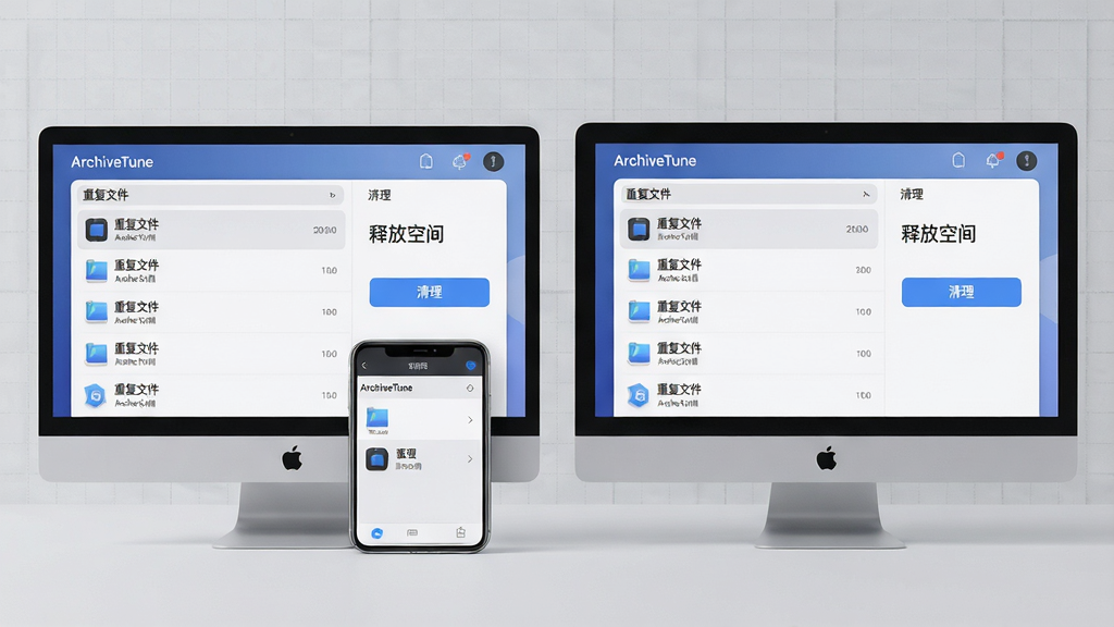 主体:两台设备(手机和电脑)并排显示ArchiveTune的重复文件清理界面,左侧列表显示重复文件,右侧有“清理”按钮。布局:左右对称构图,背景为浅灰色网格纹理。排版:界面中可见“重复文件”与“释放空间”字样。风格:写实3D渲染风格,光线柔和,细节到位,画质高,干净无多余元素。
