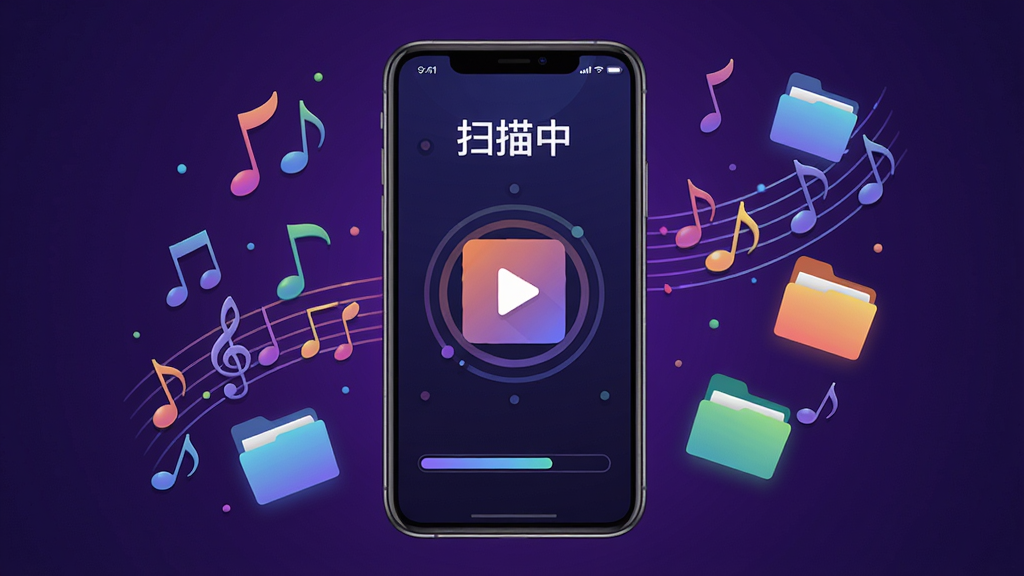 主体:手机屏幕显示ArchiveTune应用正在扫描音频文件的动画,周围漂浮着音乐符号和文件夹图标。布局:手机居中,背景为渐变的深紫色,音乐符号围绕手机分布。排版:屏幕上方有“扫描中”字样,下方有进度条。风格:科技感插画风格,色彩丰富,细节精致,画质清晰,干净无多余元素。