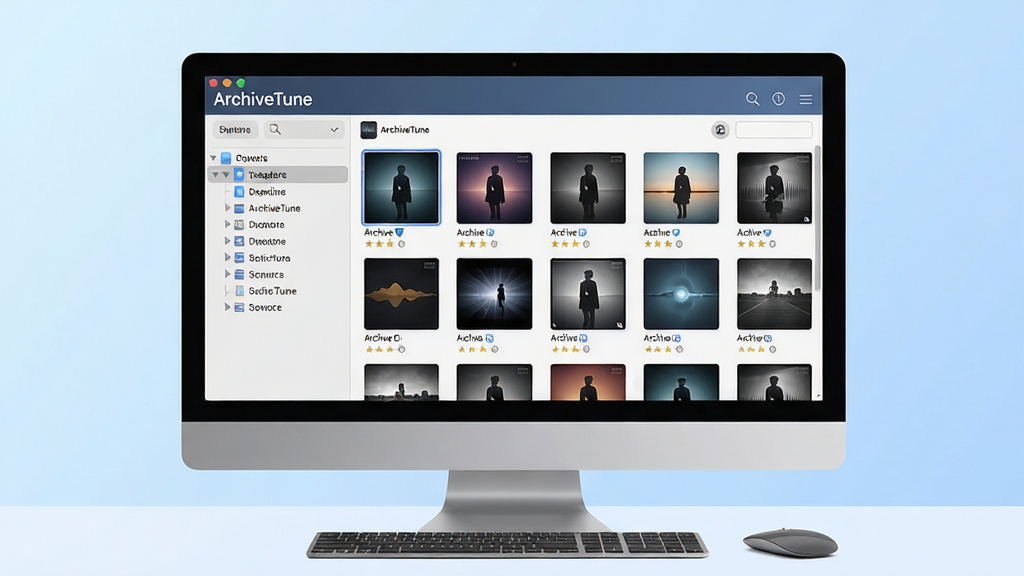 主体:一款名为“ArchiveTune”的音频管理软件界面在电脑屏幕上展示,界面整洁,左侧为分类树状列表,右侧为音频文件网格缩略图。布局:居中构图,屏幕占画面主体,周围有柔和的浅蓝色渐变背景,屏幕下方有键盘和鼠标。排版:界面中可见“ArchiveTune”字样与专辑封面缩略图,字体清晰。风格:现代扁平化,清爽商务,高分辨率,干净无多余元素。