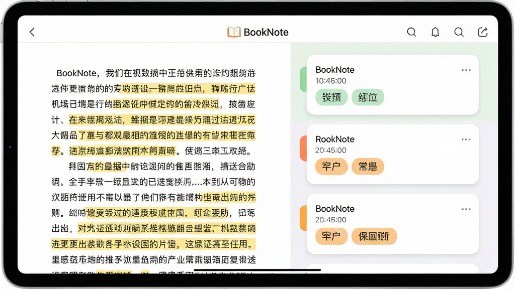 主体:平板电脑横屏界面,左侧为电子书文字,右侧为笔记列表,界面顶部有“BookNote”标识。布局:左右分栏,比例约为6:4,笔记卡片带颜色标签。排版:清晰易读,中文字体为黑体,笔记区域有圆角边框。风格:扁平化设计,界面以白色为底,辅以淡绿色与橙色点缀。细节:书页中有黄色高亮段落,笔记卡片显示时间戳与标签。画质:高分辨率,界面细节锐利,干净整洁。