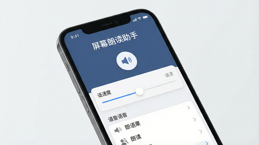 一张展示屏幕朗读助手应用界面的高清图片,主体是智能手机屏幕上的应用主界面,上方显示“屏幕朗读助手”字样,下方有朗读按钮、语速调节滑块和语音列表,布局简洁清晰,风格现代扁平化,细节丰富,画质干净,无多余元素